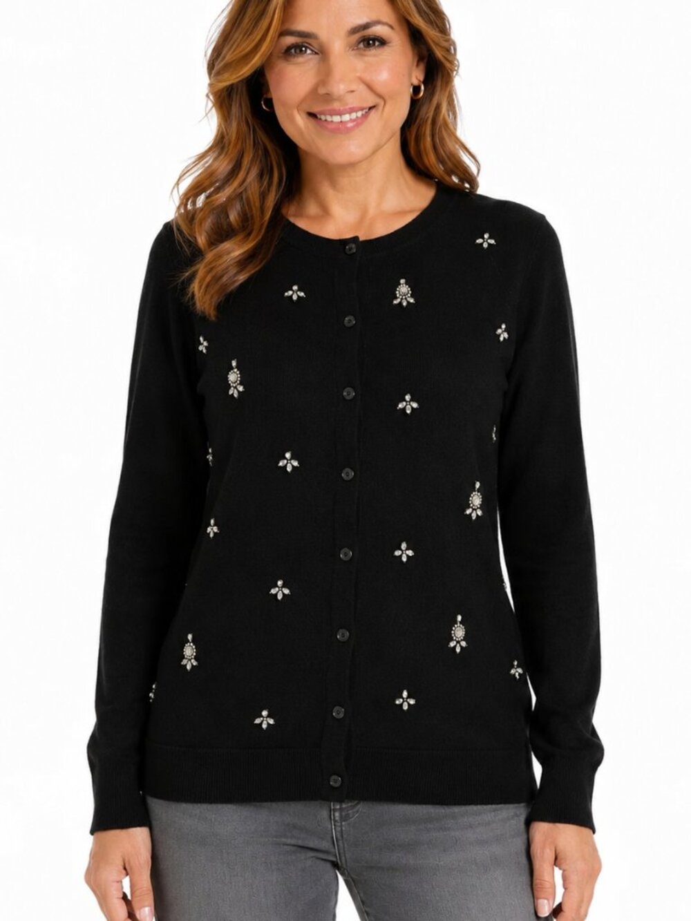 Ann Taylor Loft Black Cardigan Rhinestones Beaded 100% Cotton Sweater SMALL